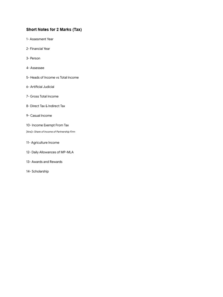 Short Notes For 2 Marks (Tax) | PDF