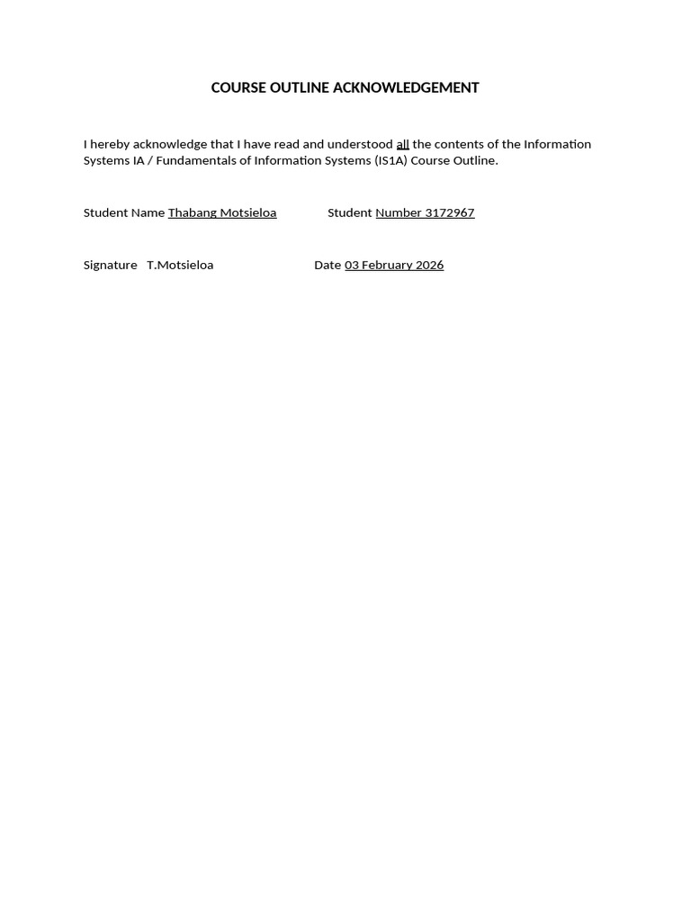 Course Outline Acknowledgment_10364908 | PDF
