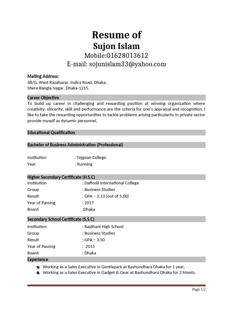 Sujon Islam Cv 2 | PDF | Bangladesh