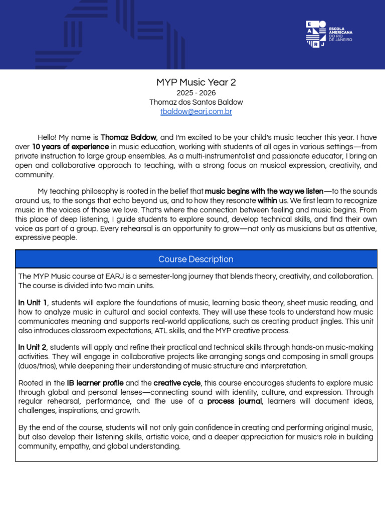 MYP Music Year 2 - Course Intro Letter | PDF | Music Education | Learning