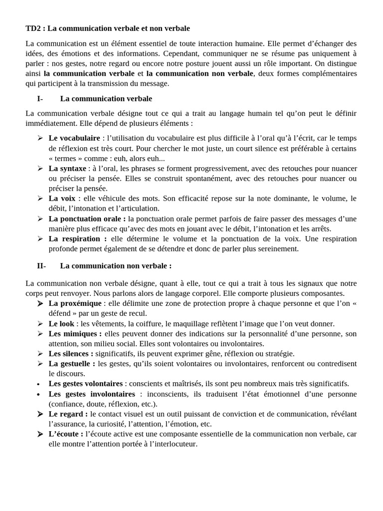 TD 2 La Communication Verbale Et Non Verbale Ã©tudiants | PDF ...