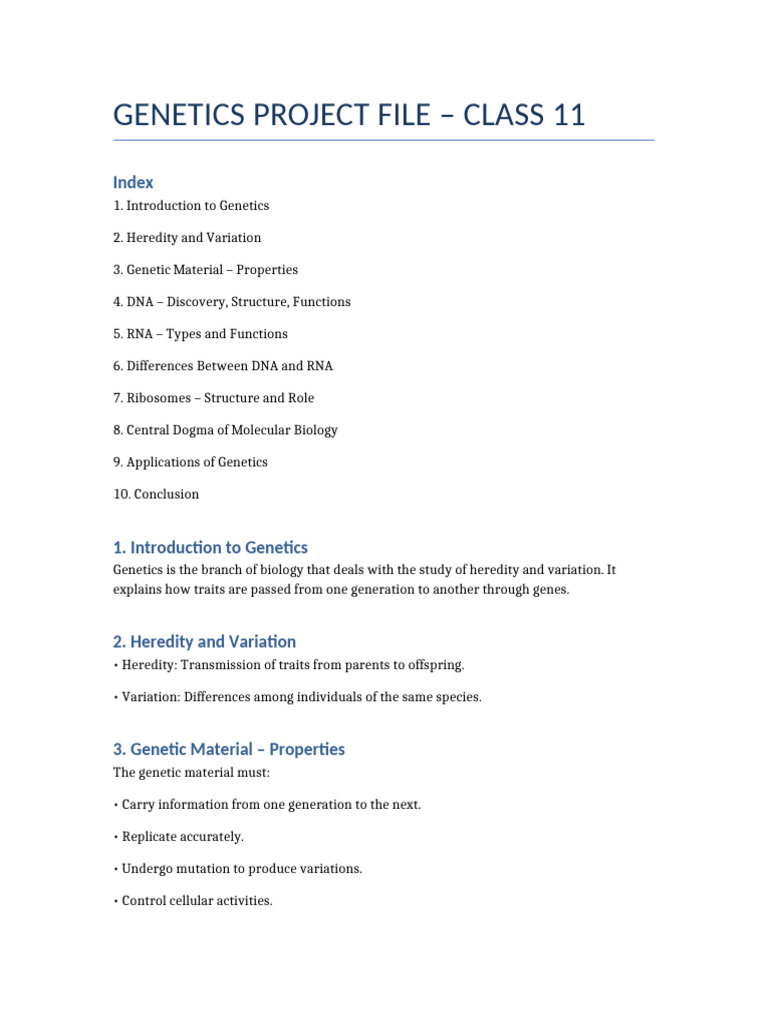 Genetics Project File Class11 | PDF | Rna | Dna