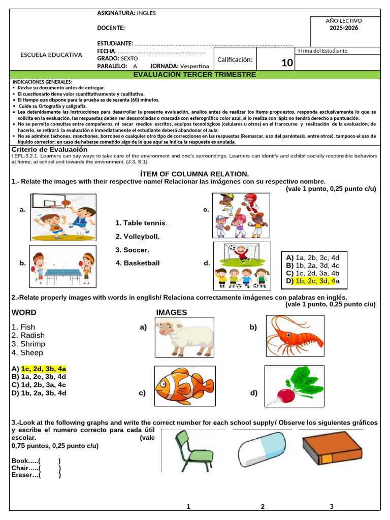 Examen de 6to Ingles 3r Trimestre | PDF | Pruebas