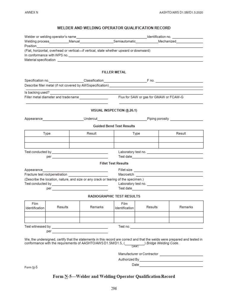 Form N 5 Sample Welder and Welding Operator Qualification Record | PDF ...