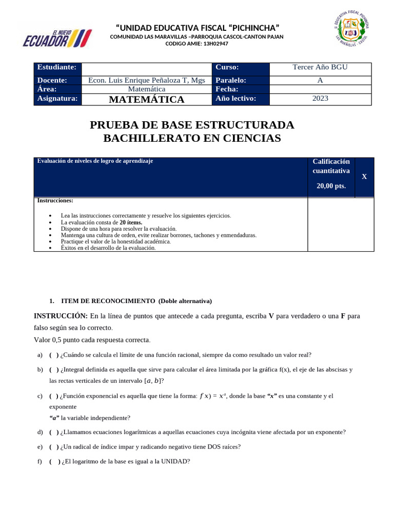Examen Prueba Estructurada | PDF | Ecuaciones | Logaritmo