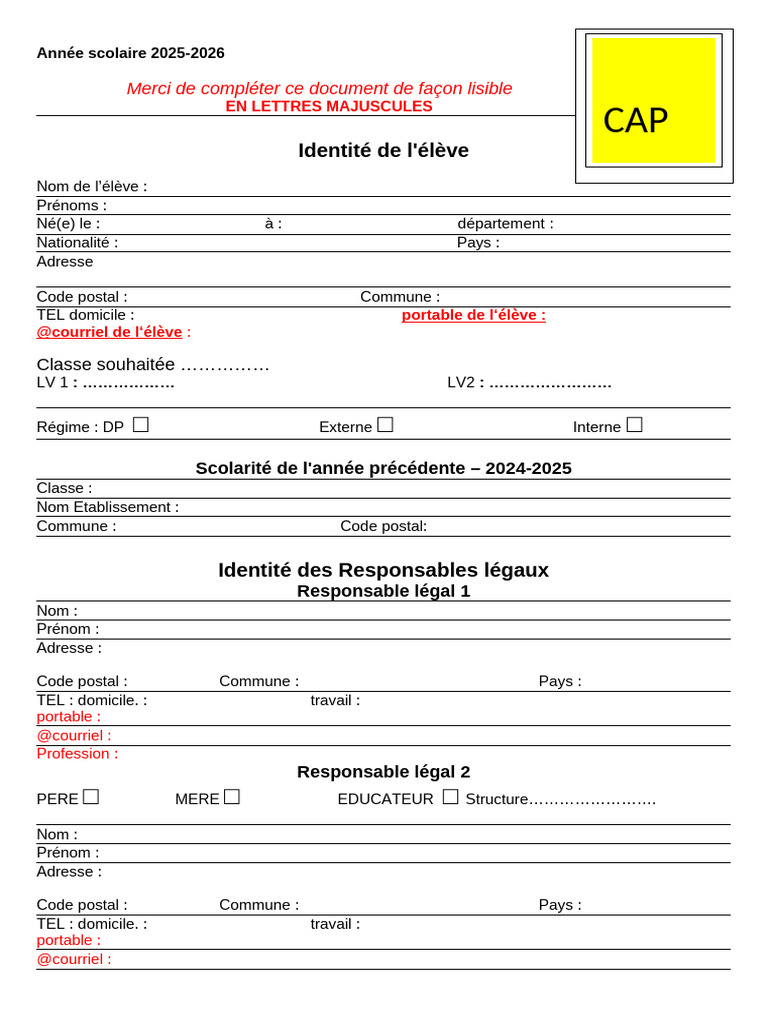 Fiche D Inscription Cap 2025 | PDF | Médecine | Soins de santé