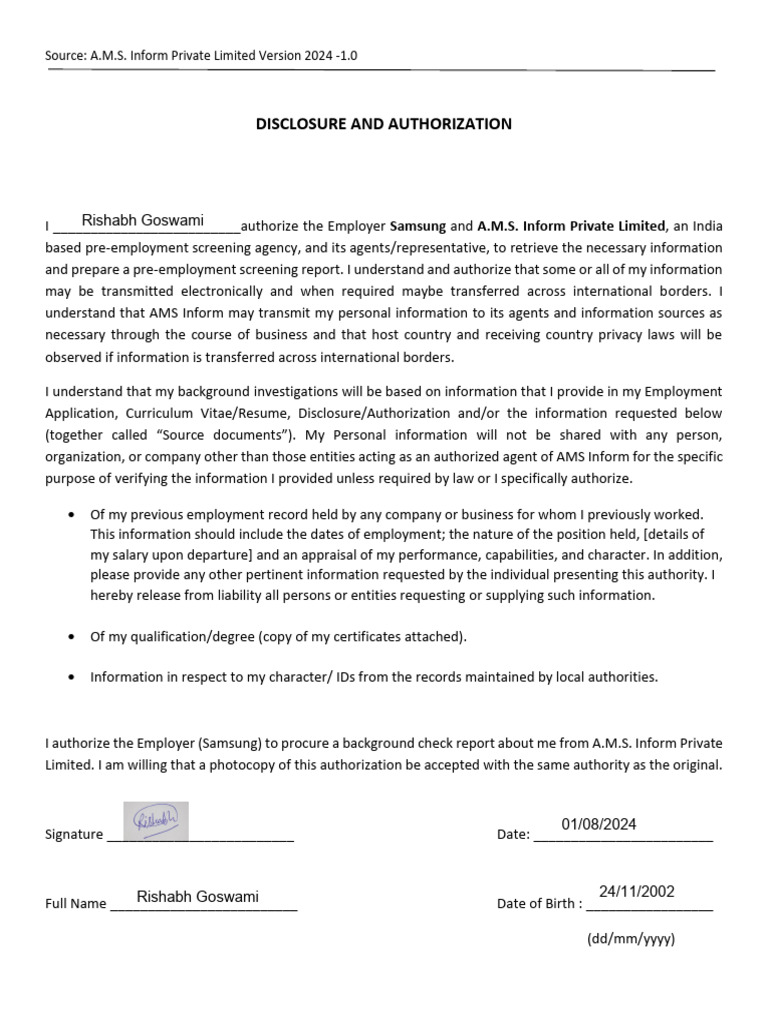 BGV Consent Form | PDF | Background Check