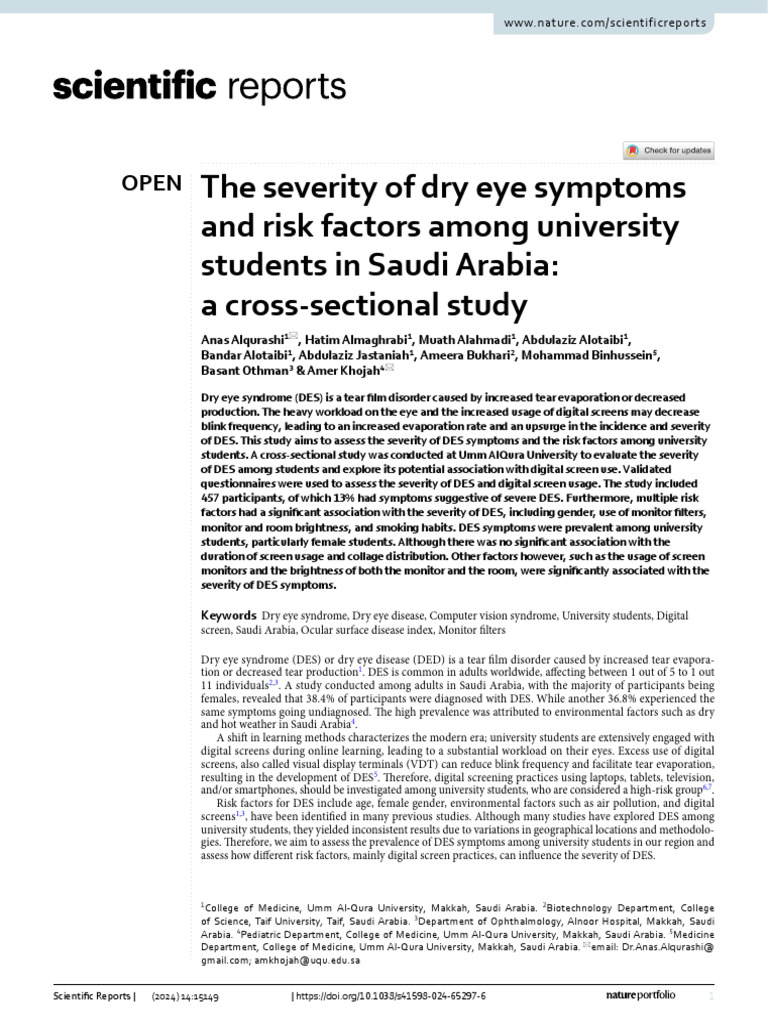 The Severity of Dry Eye Symptoms and Risk Factors | PDF