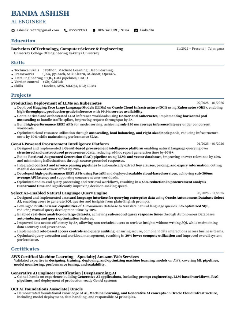 Banda Ashish Ai Engineer Resume | PDF | Information Retrieval | Databases