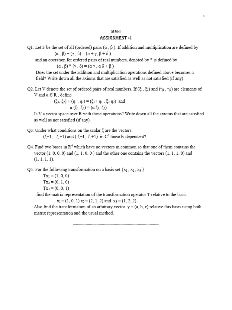 Assignment 1_Fields Vector Spaces Transformations_S | PDF