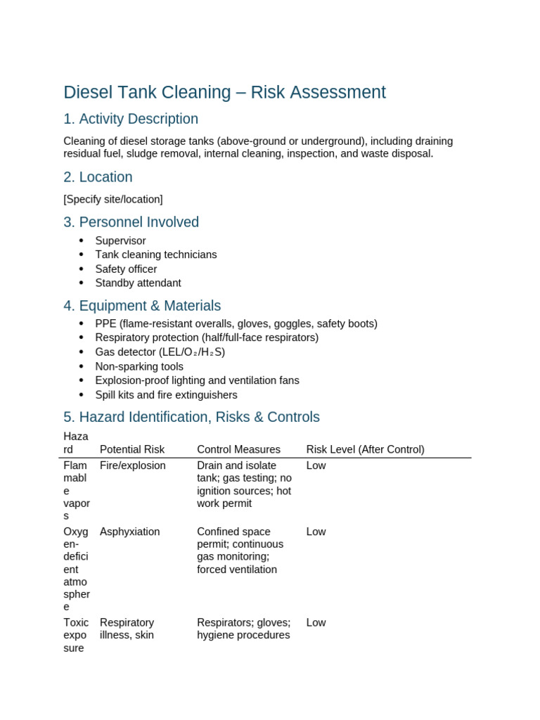 Diesel Tank Cleaning Risk Assessment | PDF | Safety | Occupational ...