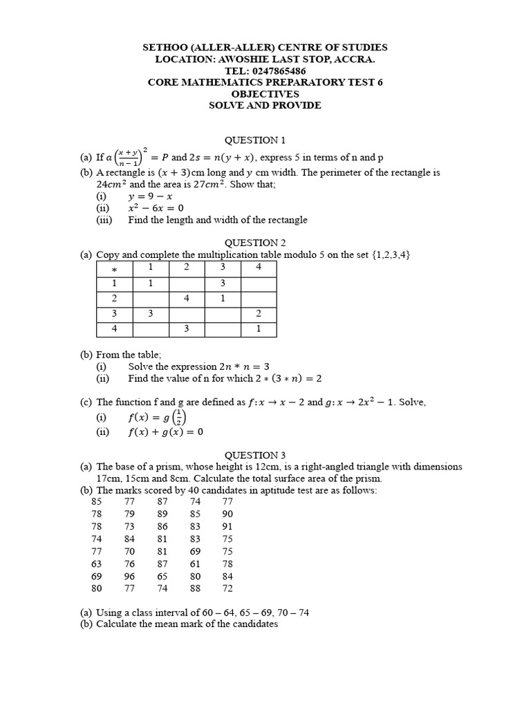 CORE MATHEMATICS PREPARATORY TEST 6 (23rd December 2025) | PDF | Area ...