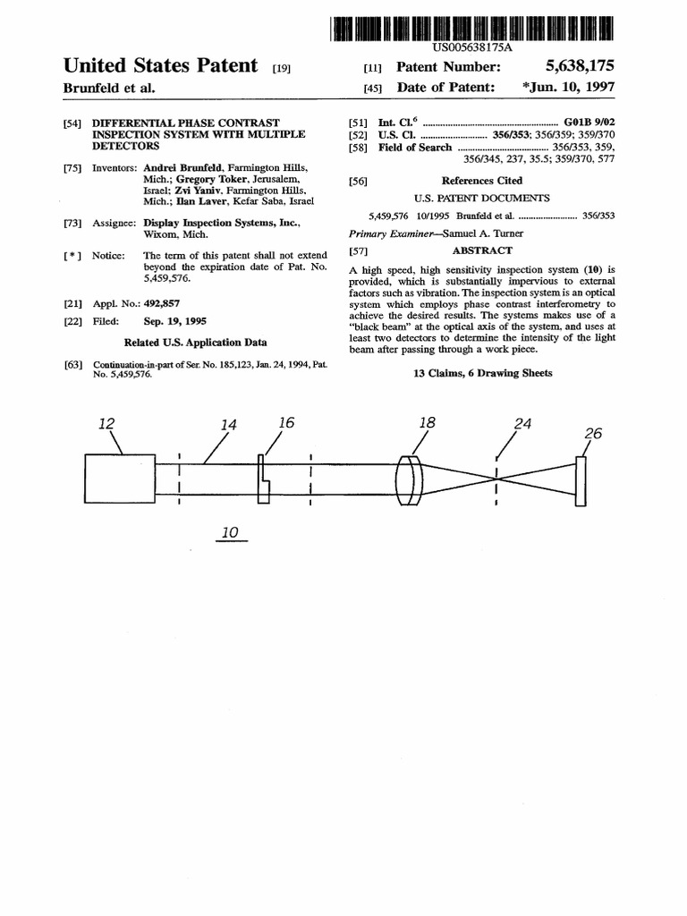 US5638175 Brunfeld DIfferential phase contrast inspection with multiple ...