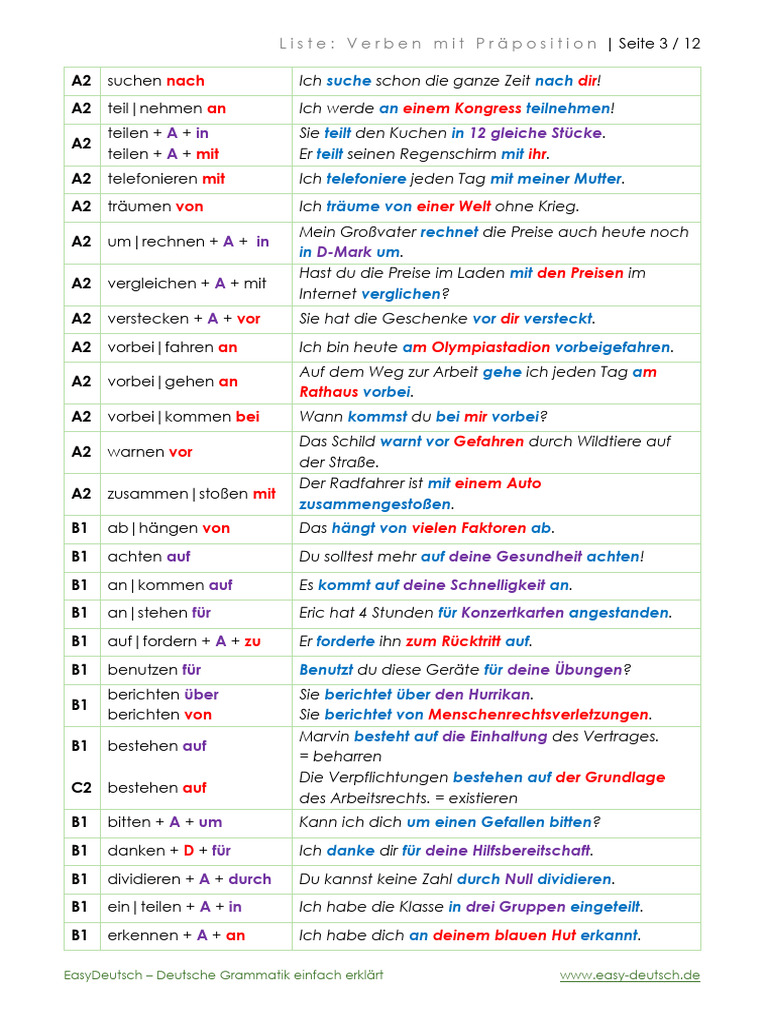 Listen - Verben - Mit - Praeposition 3-4 | PDF