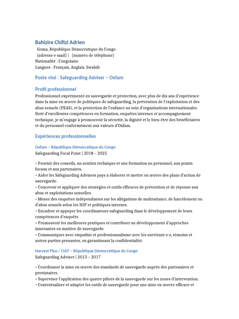 Bahizire Chifizi Adrien CV Safeguarding Adviser Oxfam | PDF