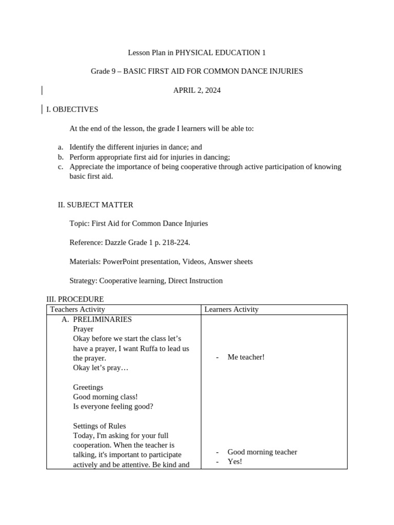 Lesson Plan in FIRST AID | PDF | Wound | Lesson Plan