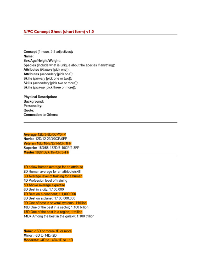 NPC Concept Sheet (Short) | PDF