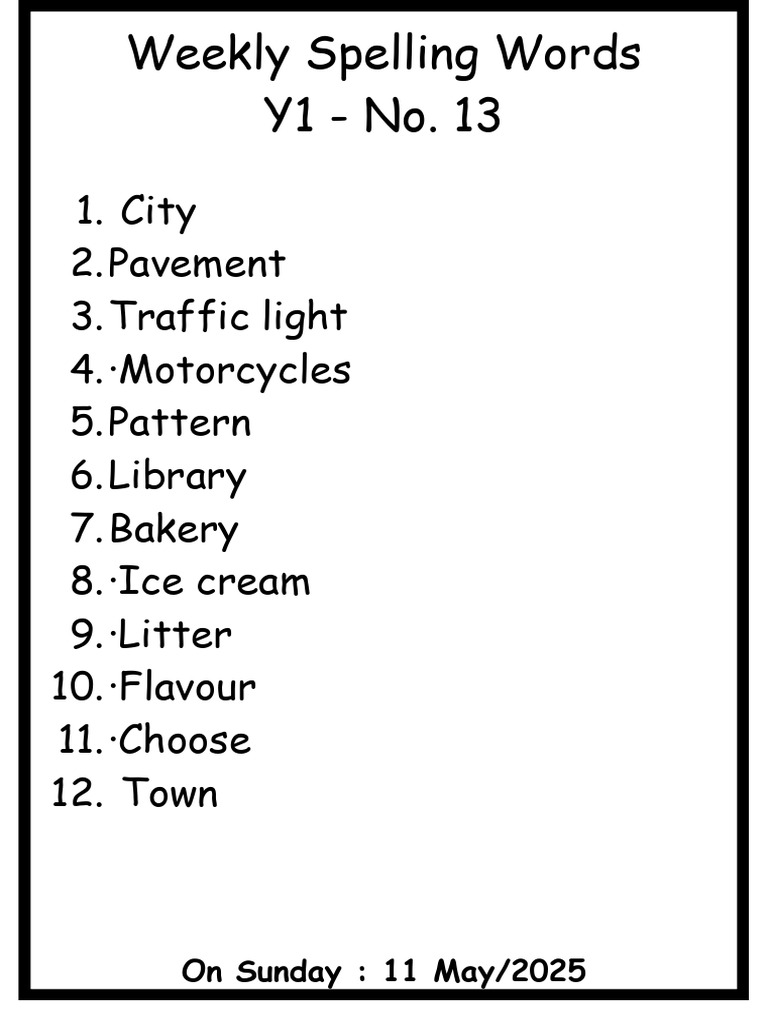 Weekly Spelling Words- Y1- No.13 | PDF
