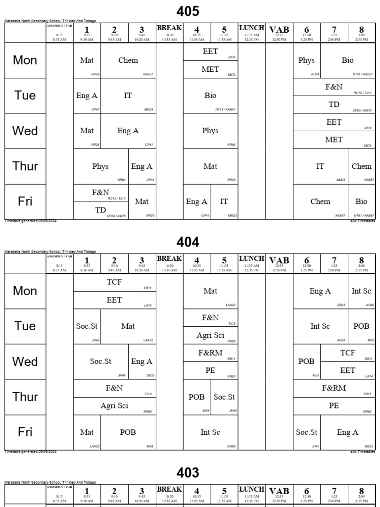 Form 4 - Class Timetables 9-9-24 | PDF