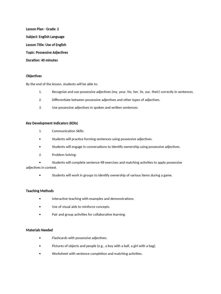 Lesson Plan - Y2 Possessive Adjectives | PDF | English Language ...