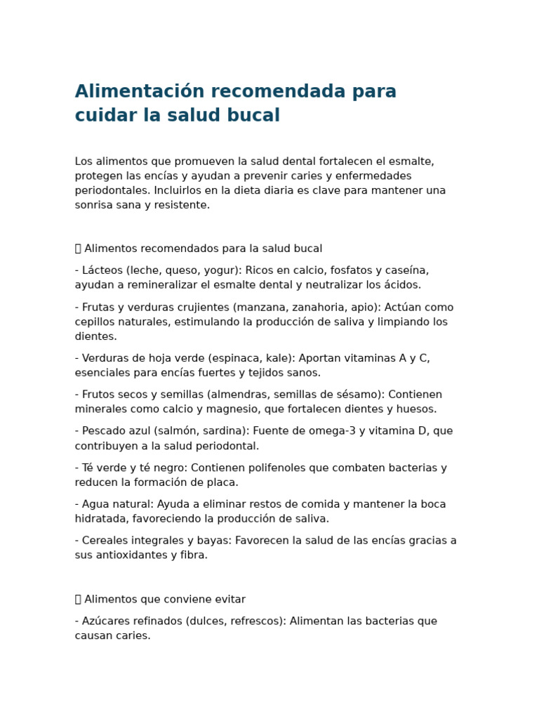 Alimentación Recomendada para Cuidar La Salud Bucal | PDF