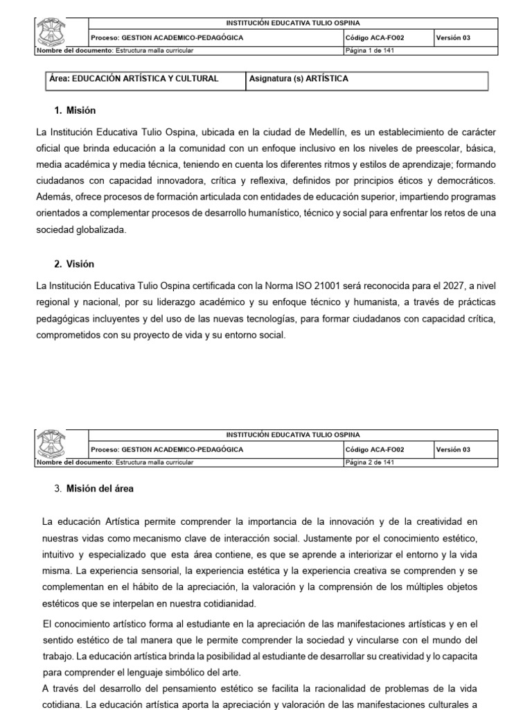 Plan de Estudios Artistica | PDF | Educación en artes visuales ...