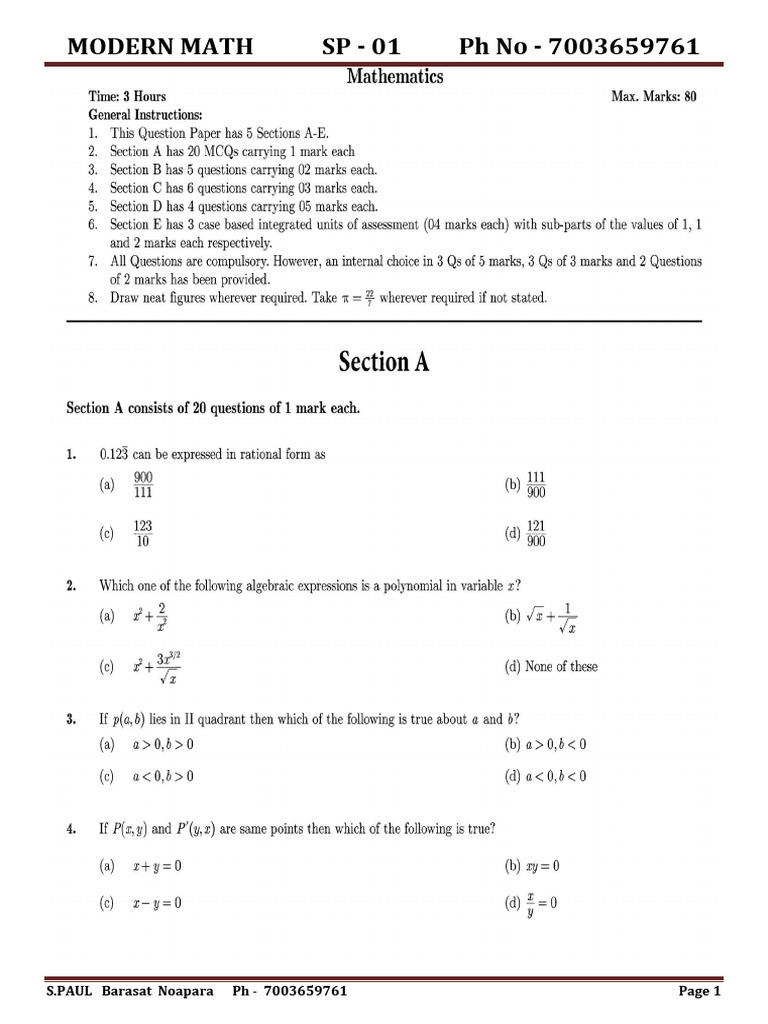 Maths Sample Paper 01 CLASS 10 | PDF