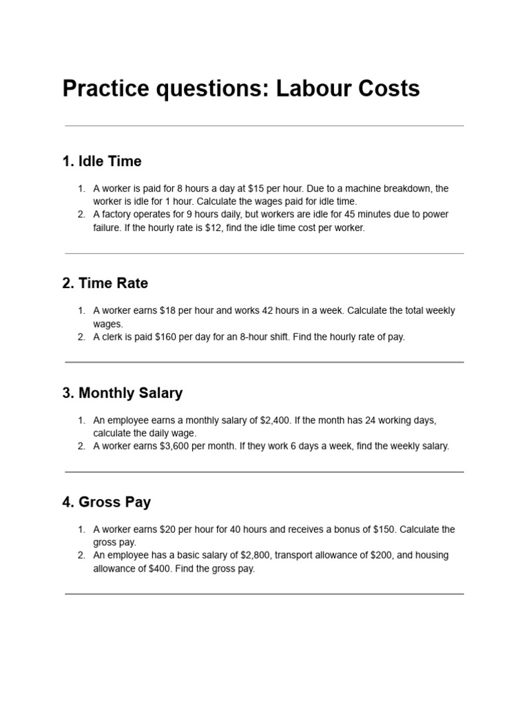 Practice Questions - Labour Costs | PDF | Overtime | Piece Work