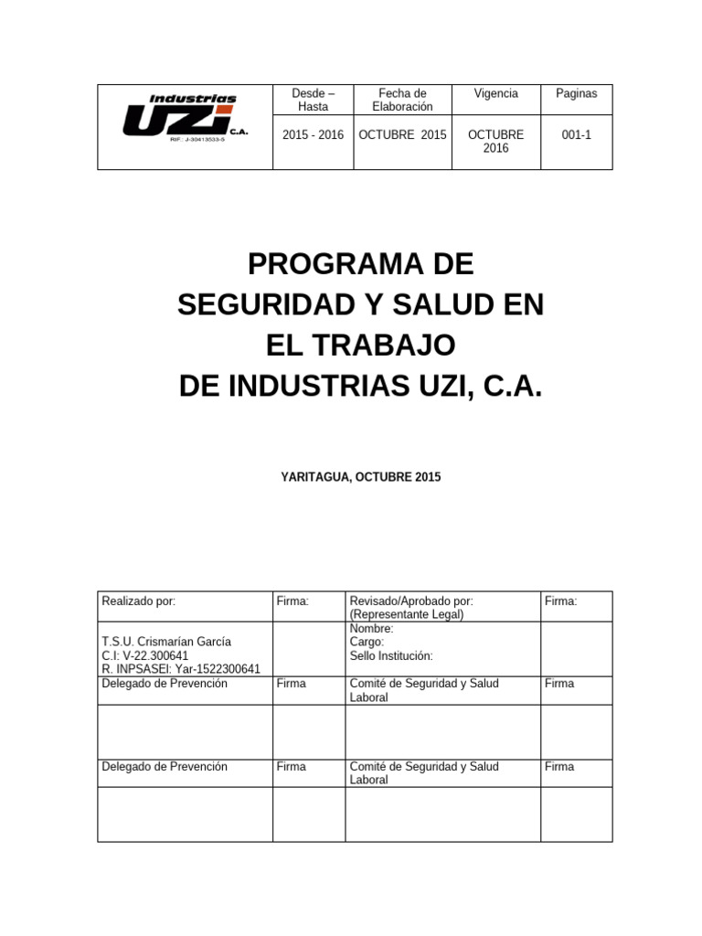 Programa de Seguridad y Salud Laboral | PDF | Seguridad y salud ...