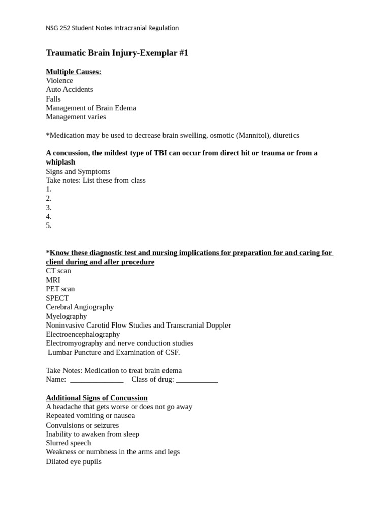 Student Notes Intracranial Regulation | PDF | Concussion | Traumatic ...