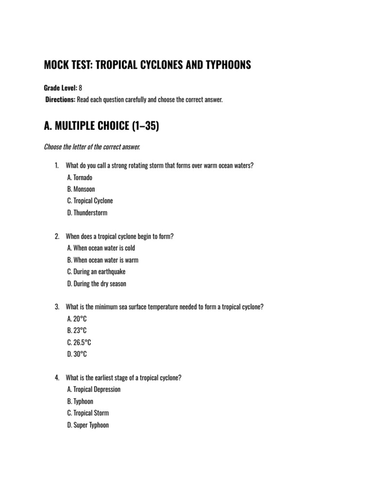 Mock Test – Science 8 | PDF | Tropical Cyclones | Storms