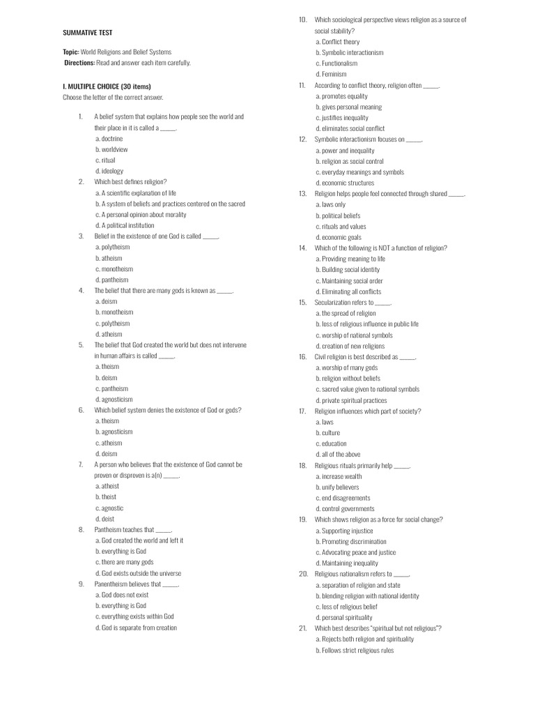 Summative Test - World Religion | PDF | God | Deism