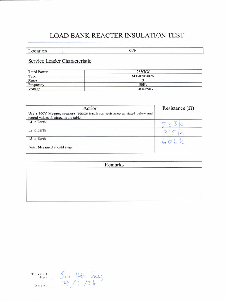 Temp Load Bank Reacter Insulation Test Report | PDF