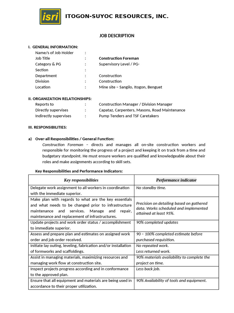 Job Description -Const Foreman.Rev.01 (1) | PDF | Safety | Regulatory ...