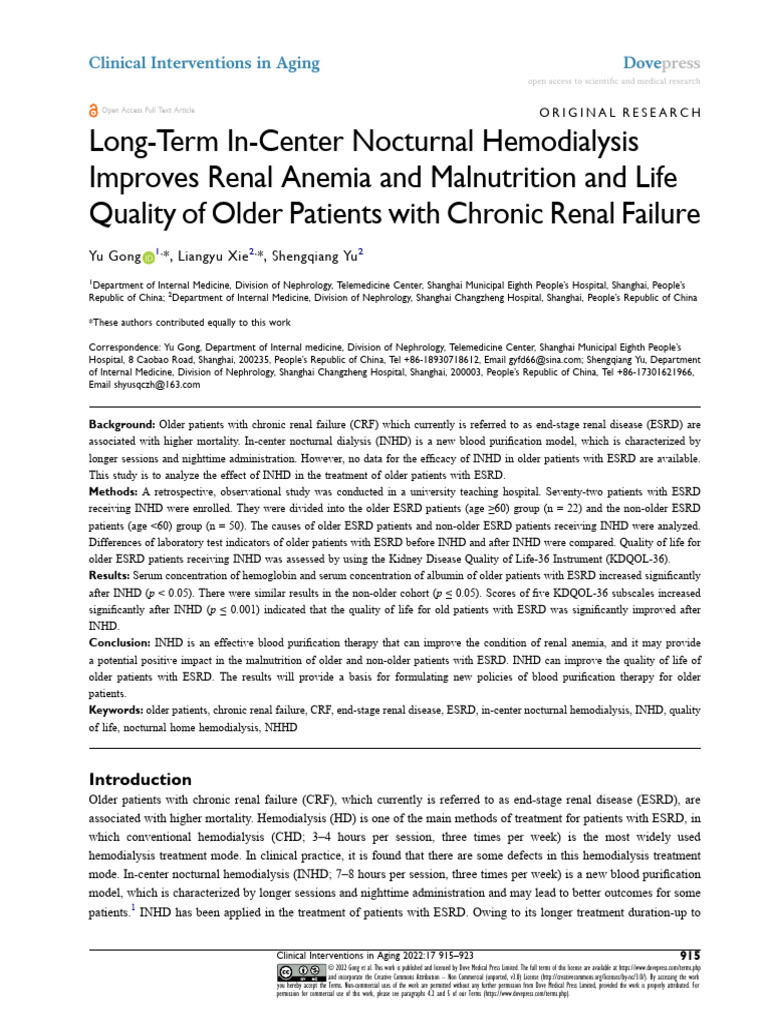 CIA 358472 Long Term in Center Nocturnal Hemodialysis Improves Renal An ...