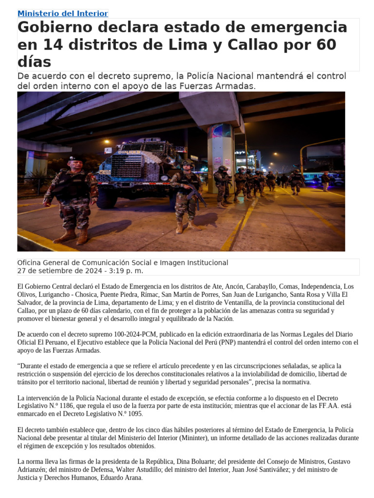 Ministerio Del Interior | PDF | Estado de emergencia | Lima
