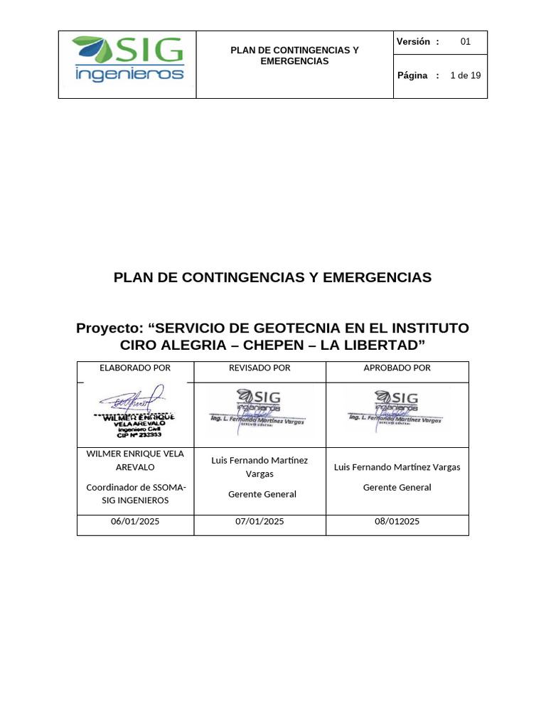 Plan de Contingencias y Emergencia Obra | PDF | Seguridad y salud ...