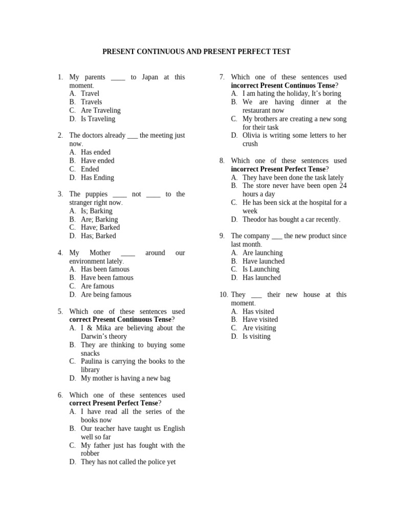 Present Continuous and Present Perfect Test | PDF | Chess Theory | Chess