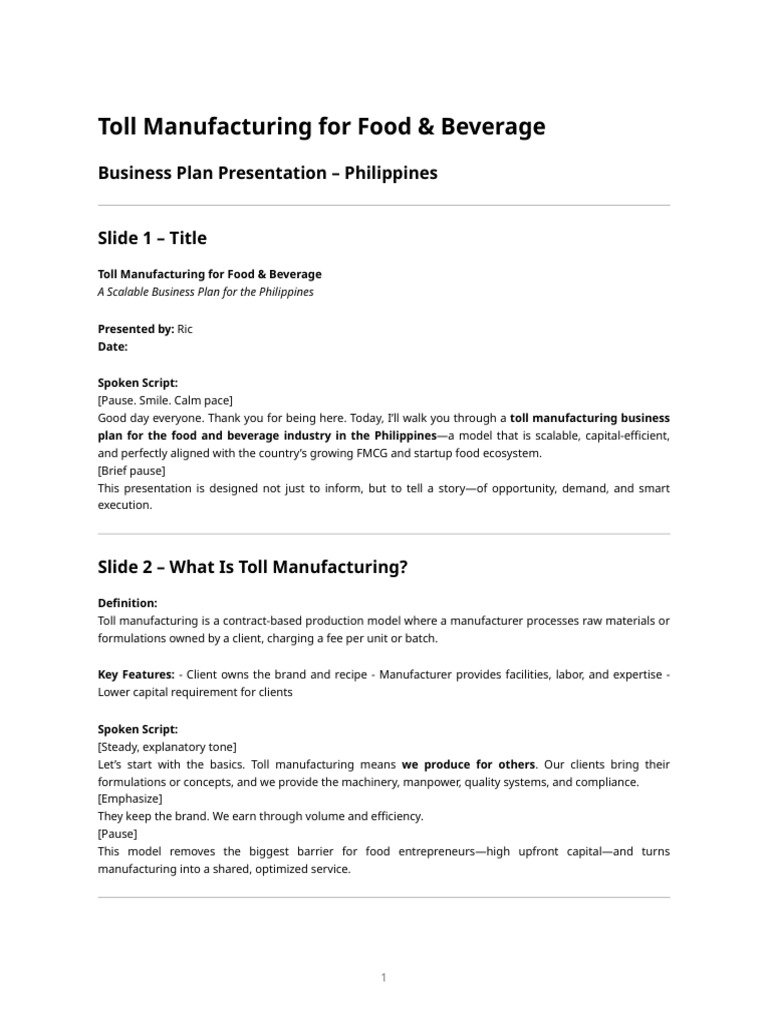 Toll Manufacturing For Food & Beverage - Business Plan (Philippines ...