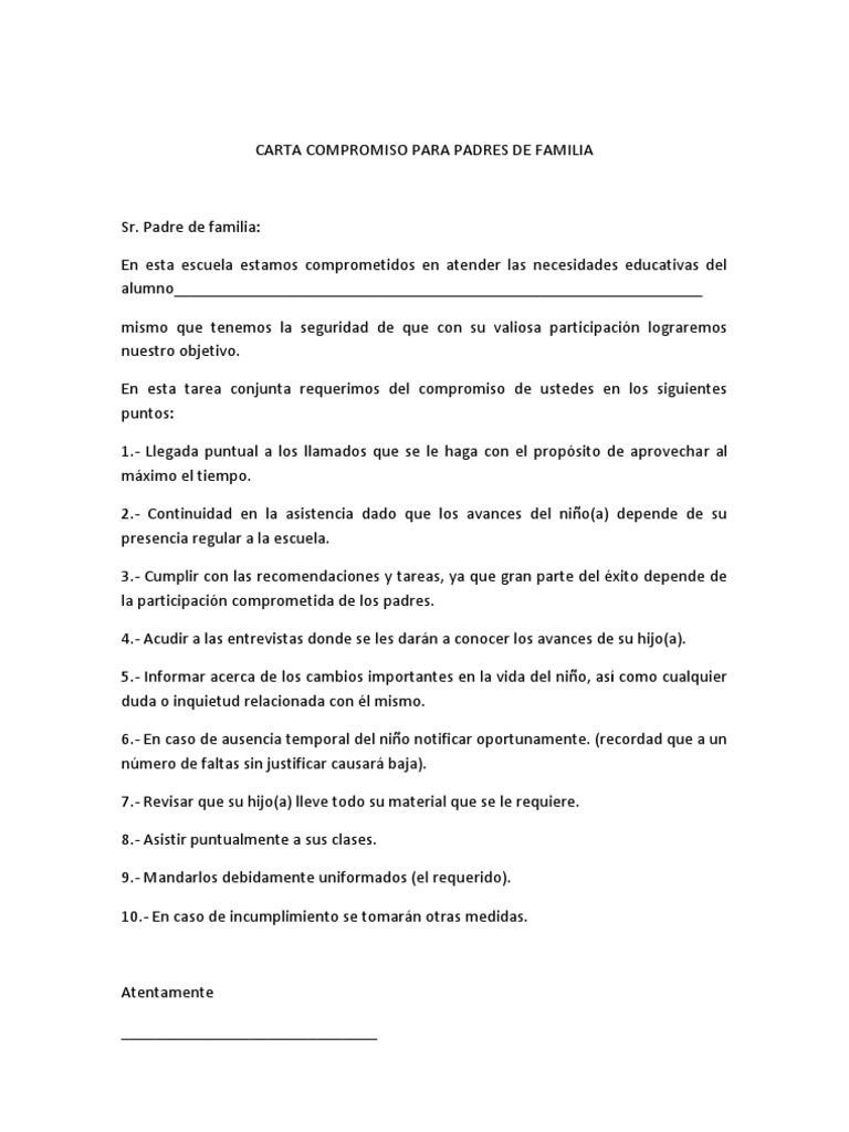 Carta Compromiso para Padres de Familia | PDF