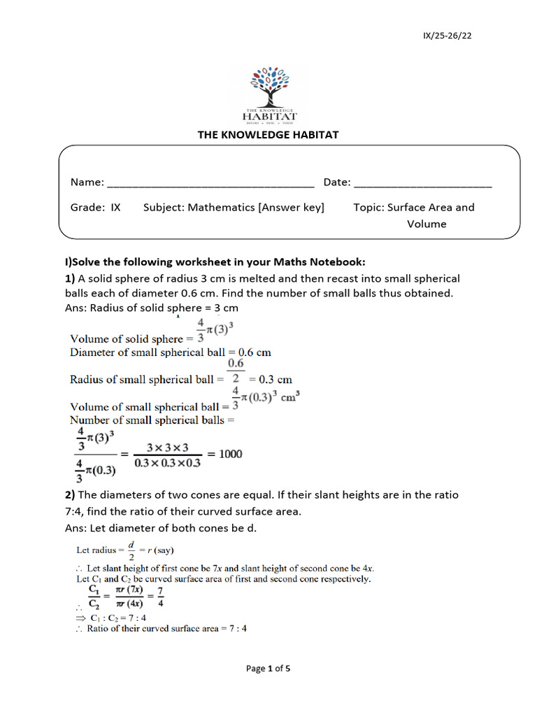 Surface Areas and Volumes SUBJ WS ANS KEY | PDF | Sphere | Area