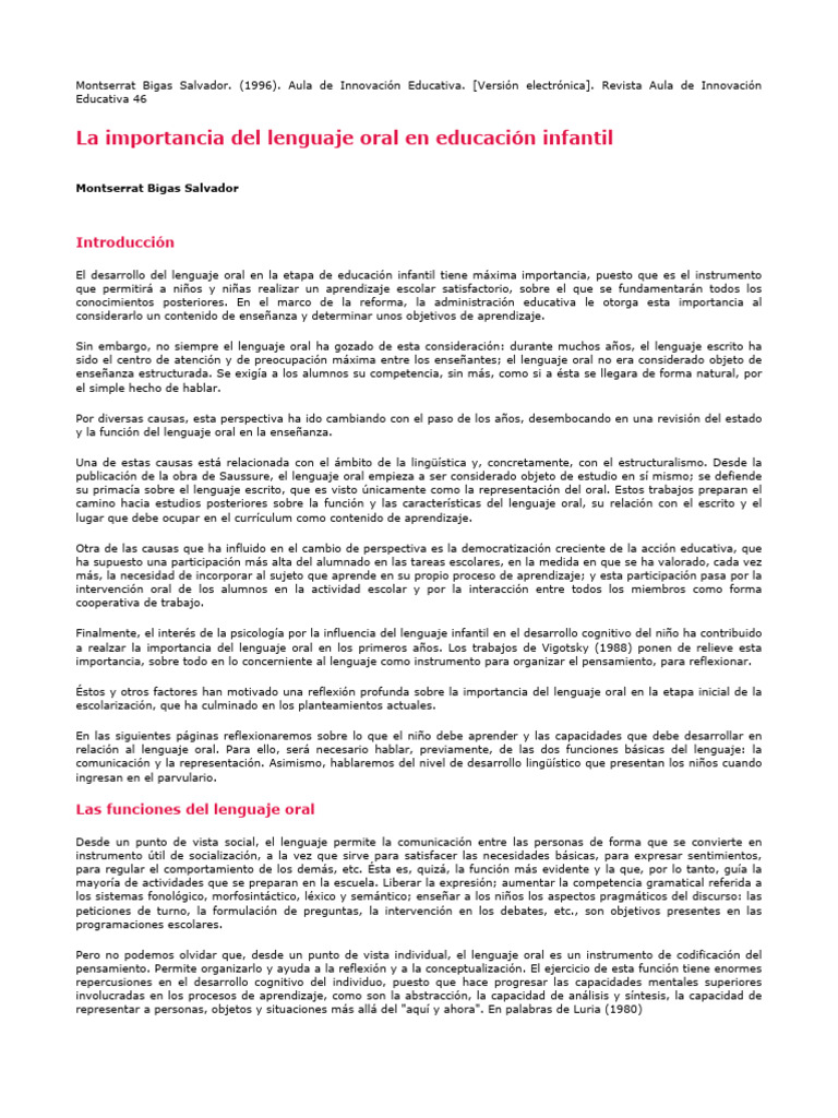 La Importancia Del Lenguaje Oral en Educacion Infantil | PDF | Jardín ...