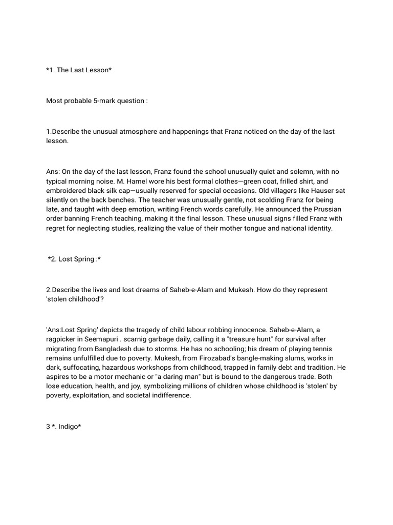 Prose Question Answer 5 Marks. | PDF