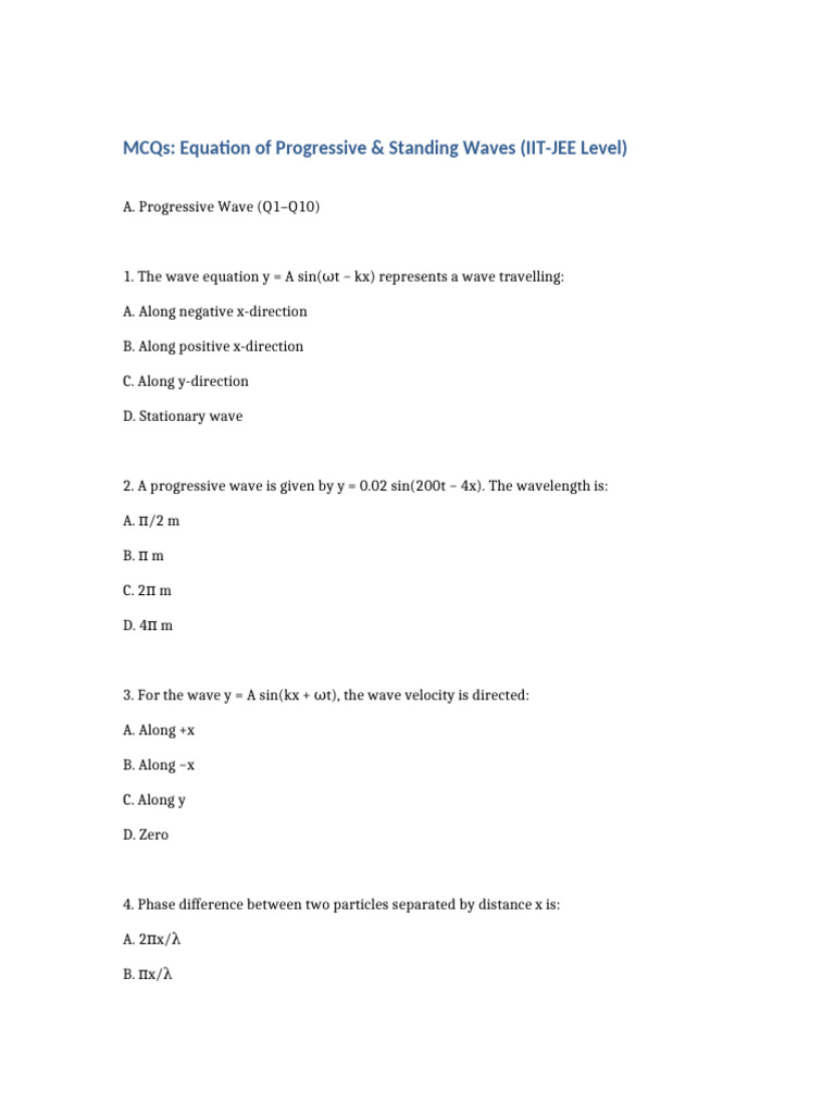 Progressive and Standing Wave MCQs JEE | PDF | Waves | Motion (Physics)