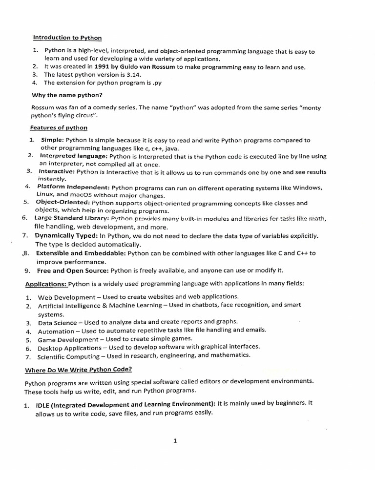 Python Notes Unit 1 | PDF