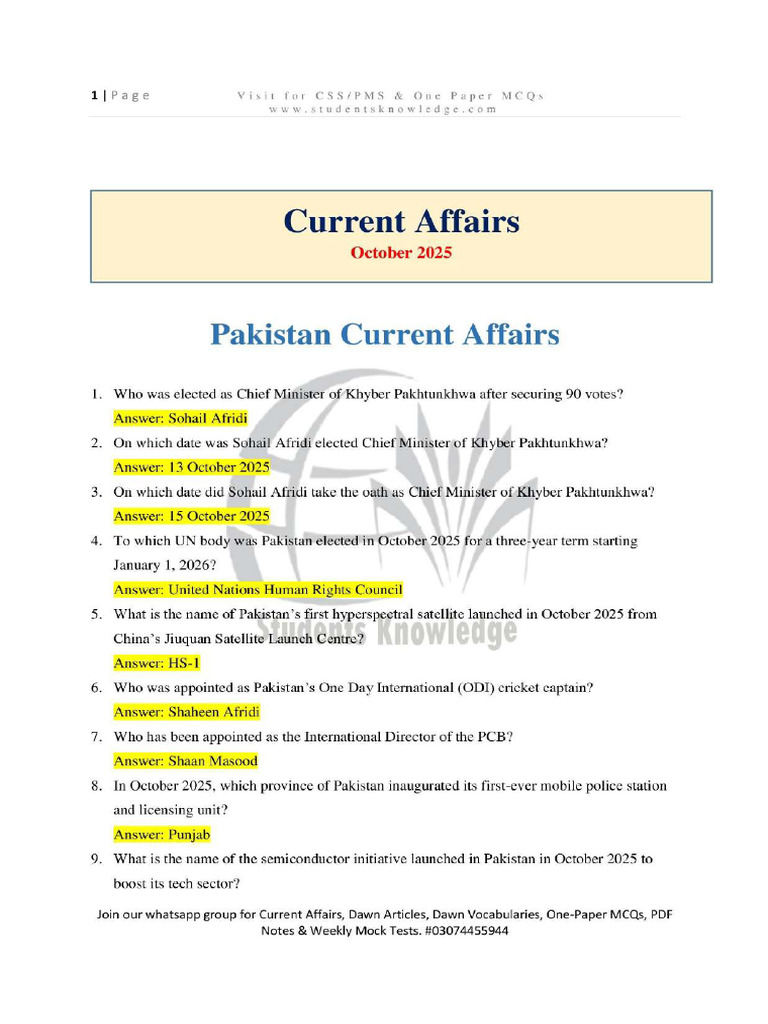 October 2025 - Full Month Current Affairs | PDF