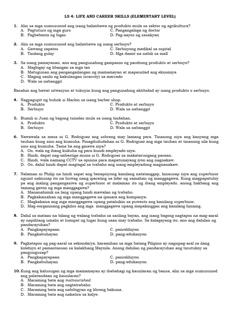 LS4 - Test Material - Elementary Week 4 | PDF