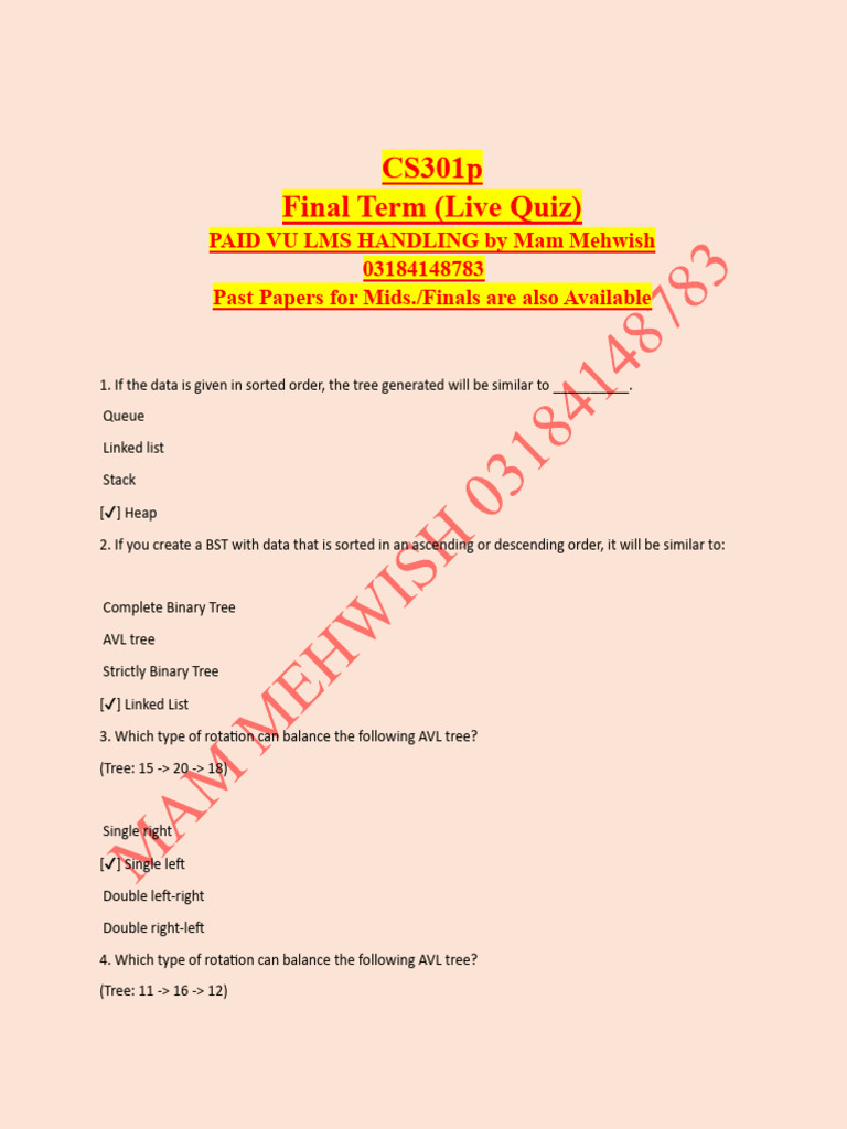 CS301P MCQs Final Mam Mehwish | PDF | Computer Programming | Algorithms ...