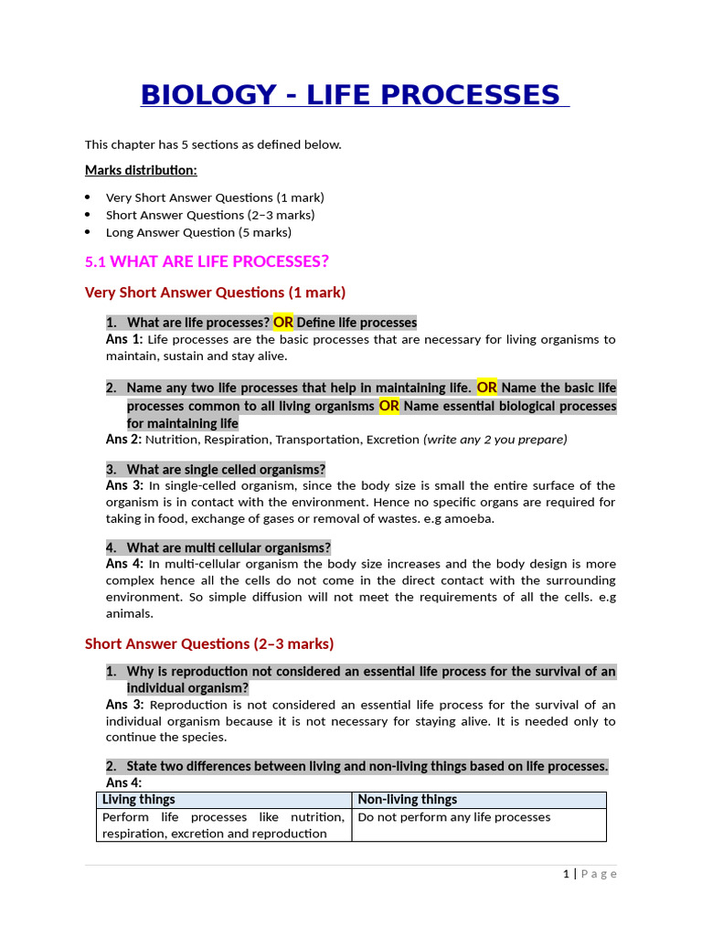 Life - Processes - Question and Answer | PDF | Digestion | Photosynthesis