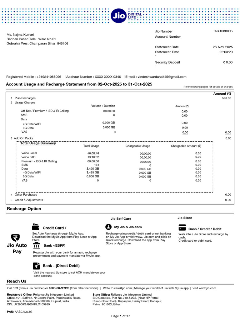 Account Usage and Recharge Statement From 02-Oct-2025 To 31-Oct-2025 ...